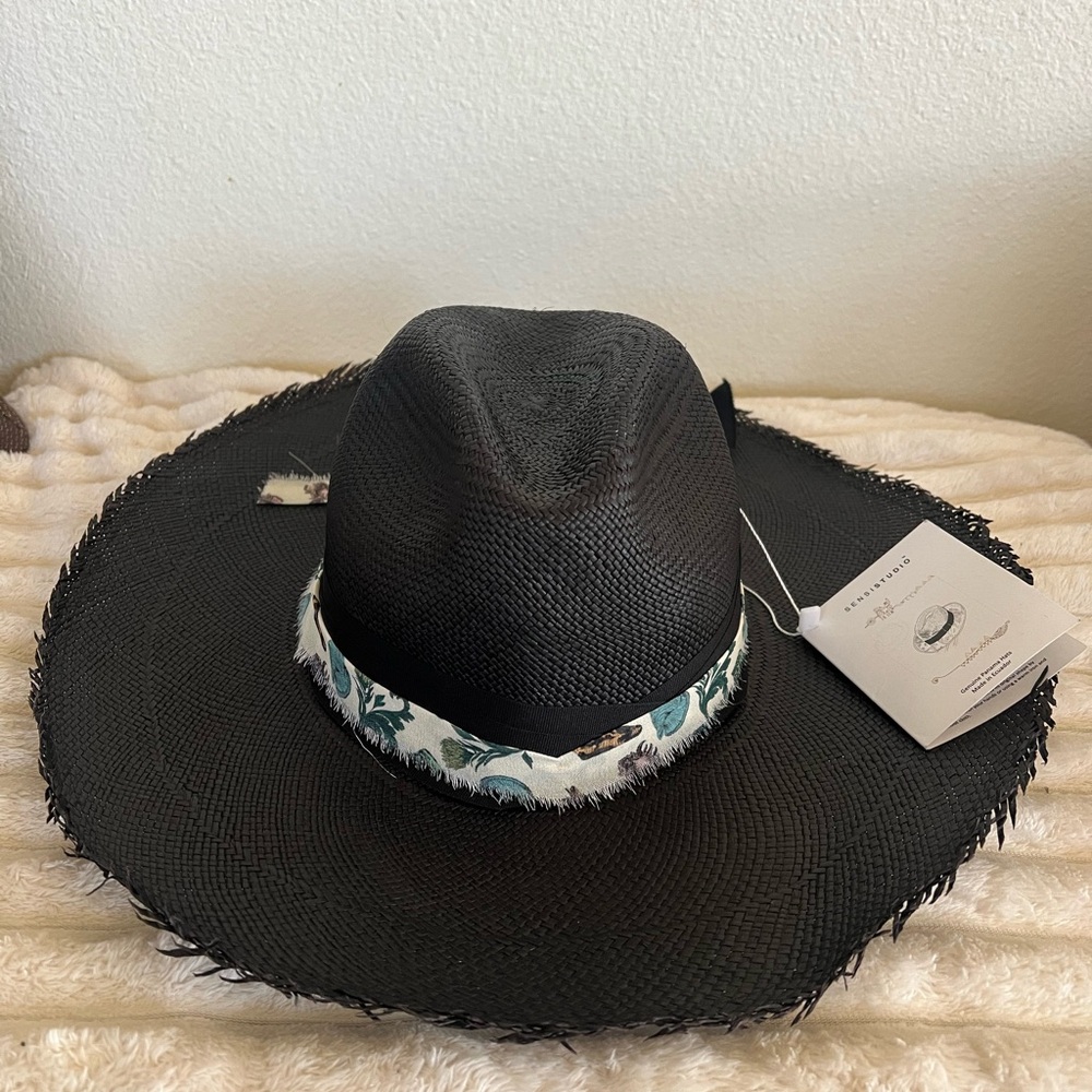 Black Wide-Brim Hat with Floral Band